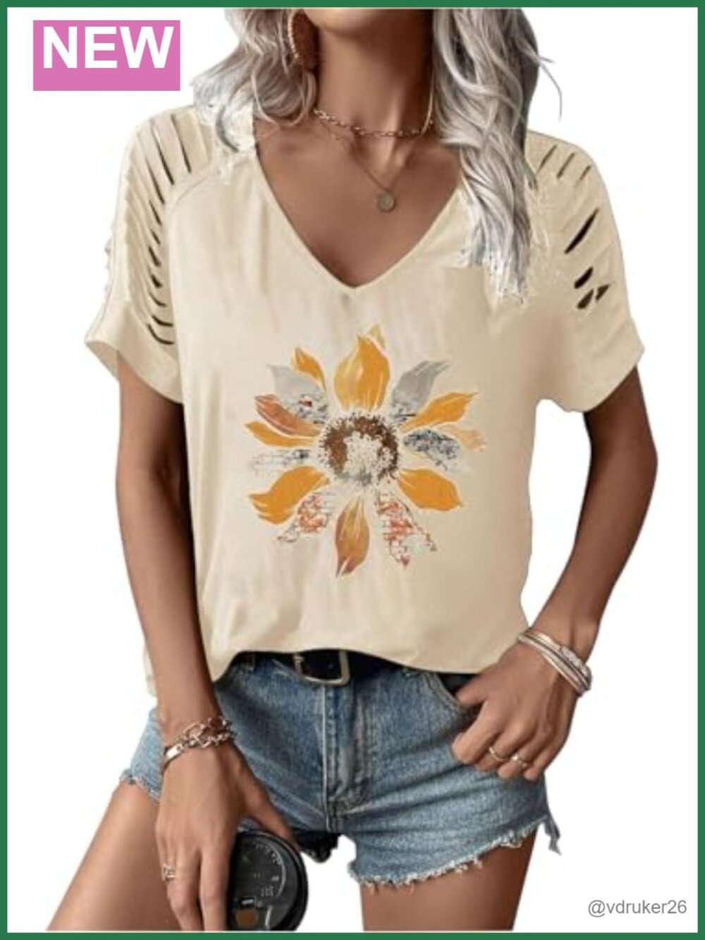 Women's Cut Out V Neck Boho Floral Graphic Tee Cold Shoulder Summer Top
